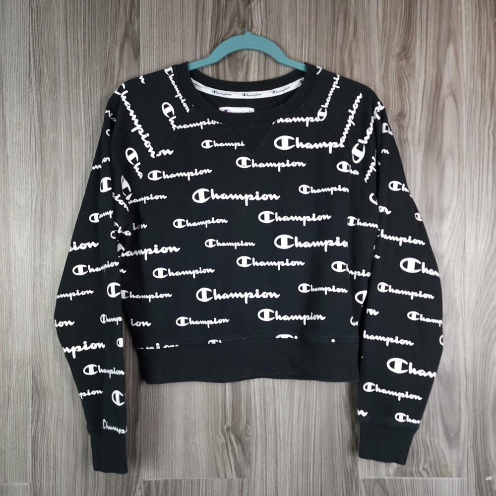 Champion Womens All Over Print Logo Cropped Sweatshirt Black White Small
